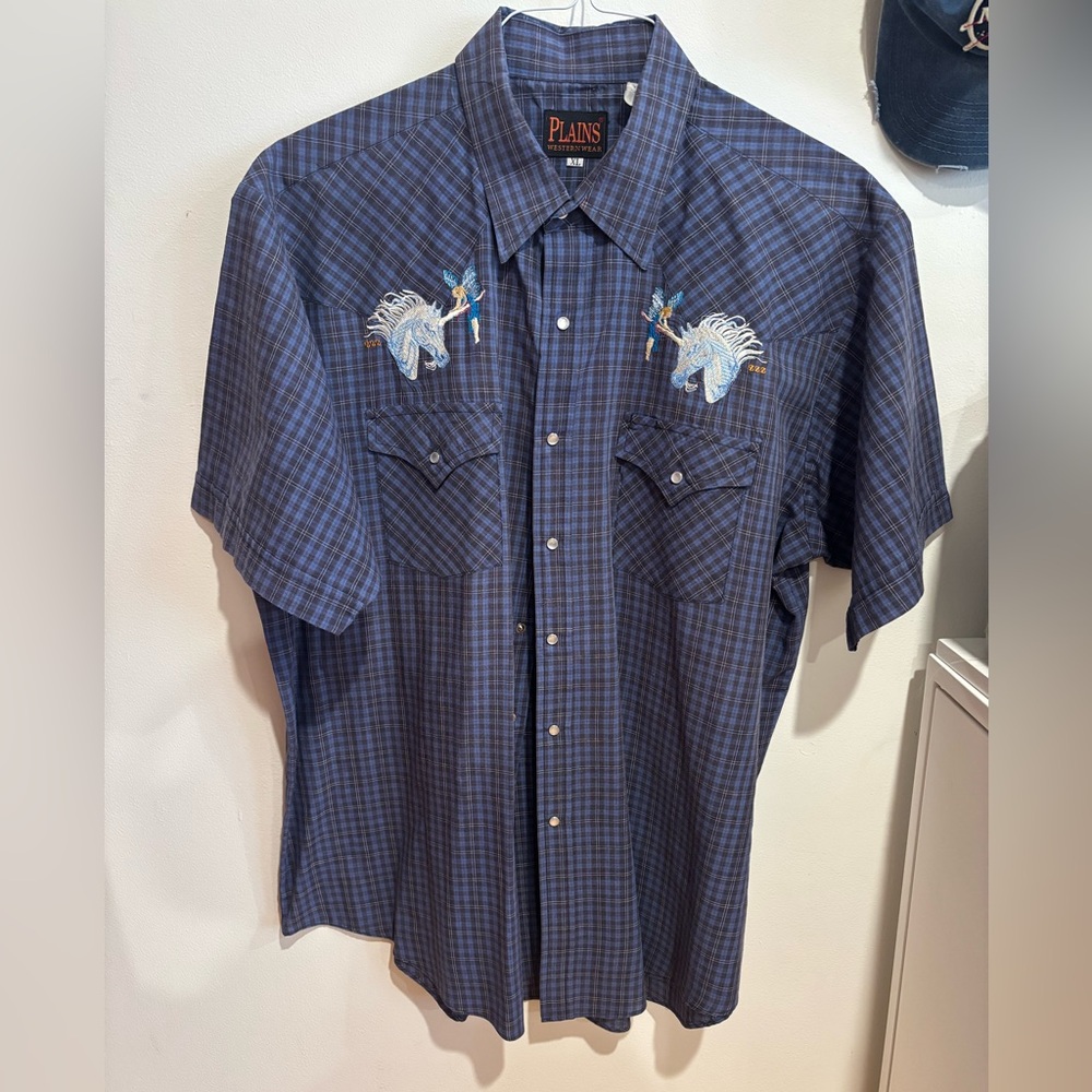Blue Checkered Men's Casual Shirt with One of a Kind Embroidery